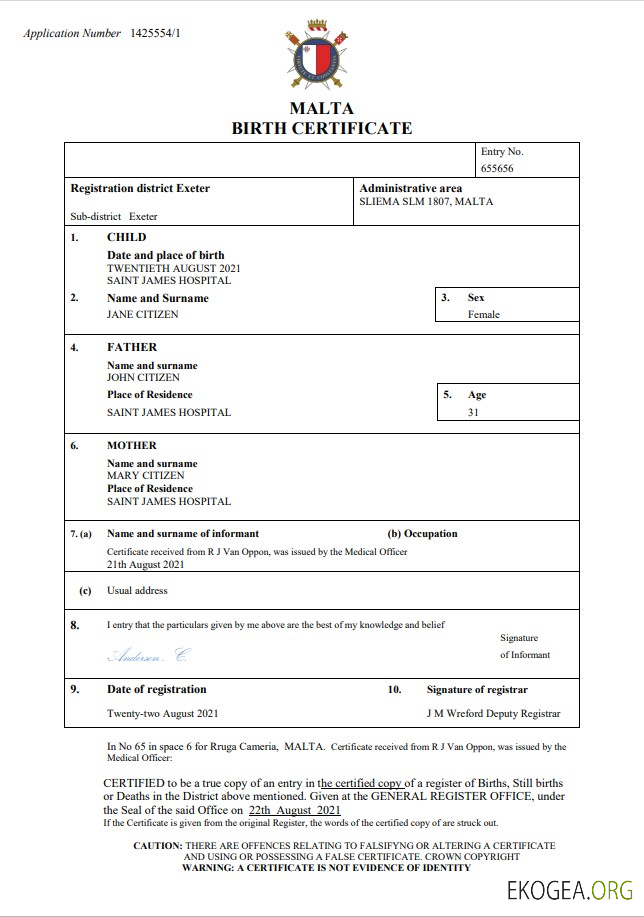 Modèle Word et PDF d'acte de naissance à Malte